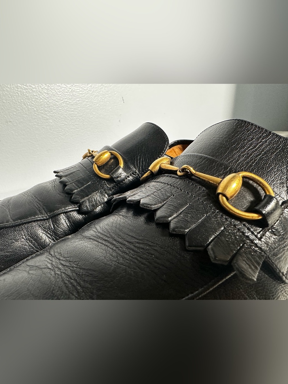 GUCCI Horsebit Collapsible Fringe Loafers shoes Black Leather Men’s 11 - Picture 5 of 10